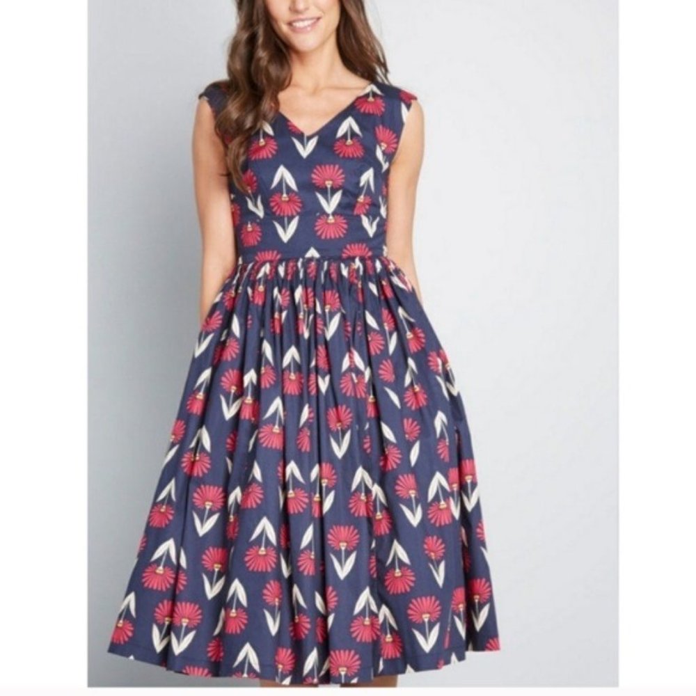 ModCloth | Retro Navy Floral Dress Pockets Tulle